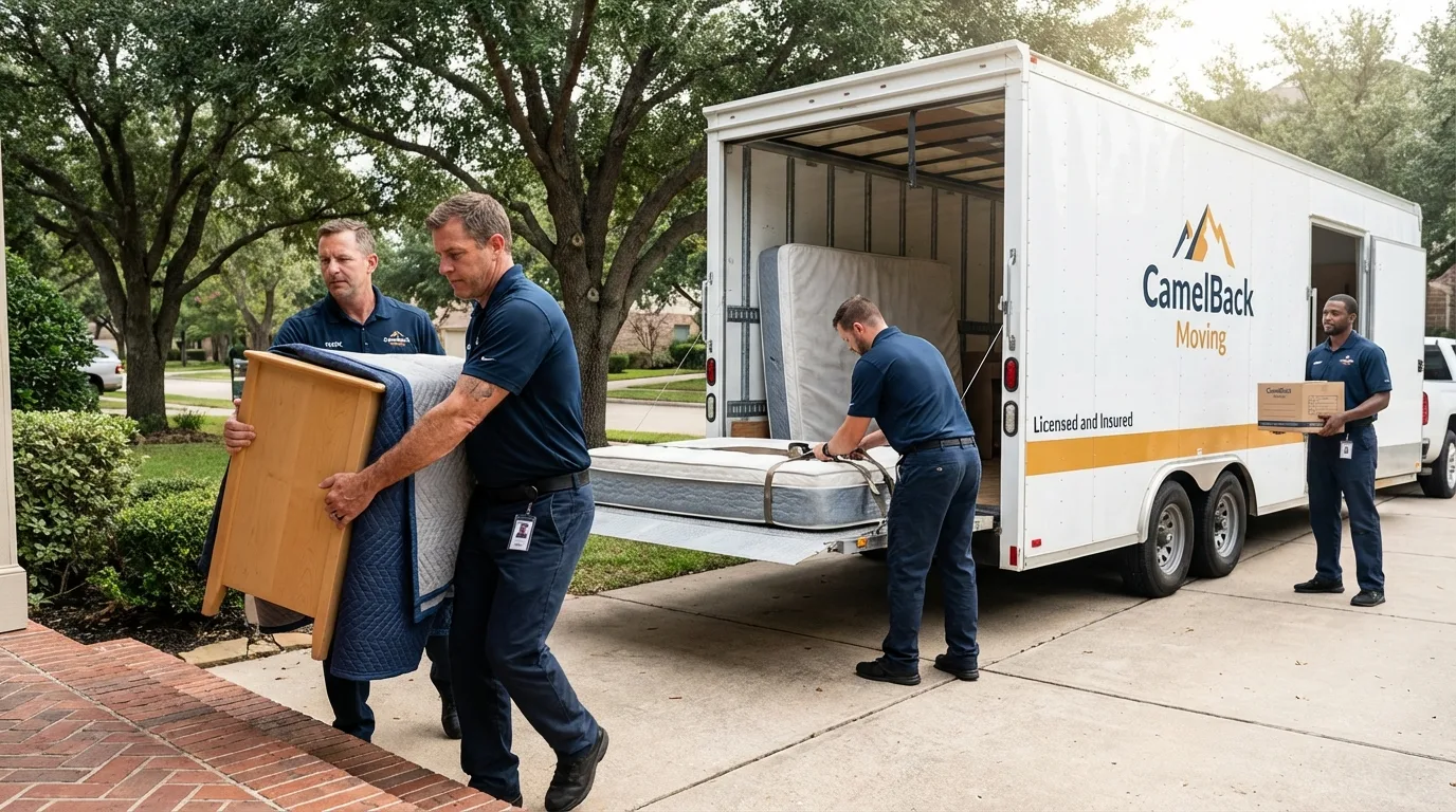Crew loading residential truck for cross-state move from Presidio, TX