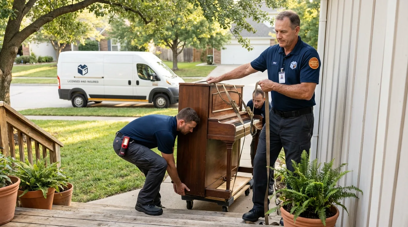 Licensed piano movers securing grand piano in Presidio, TX